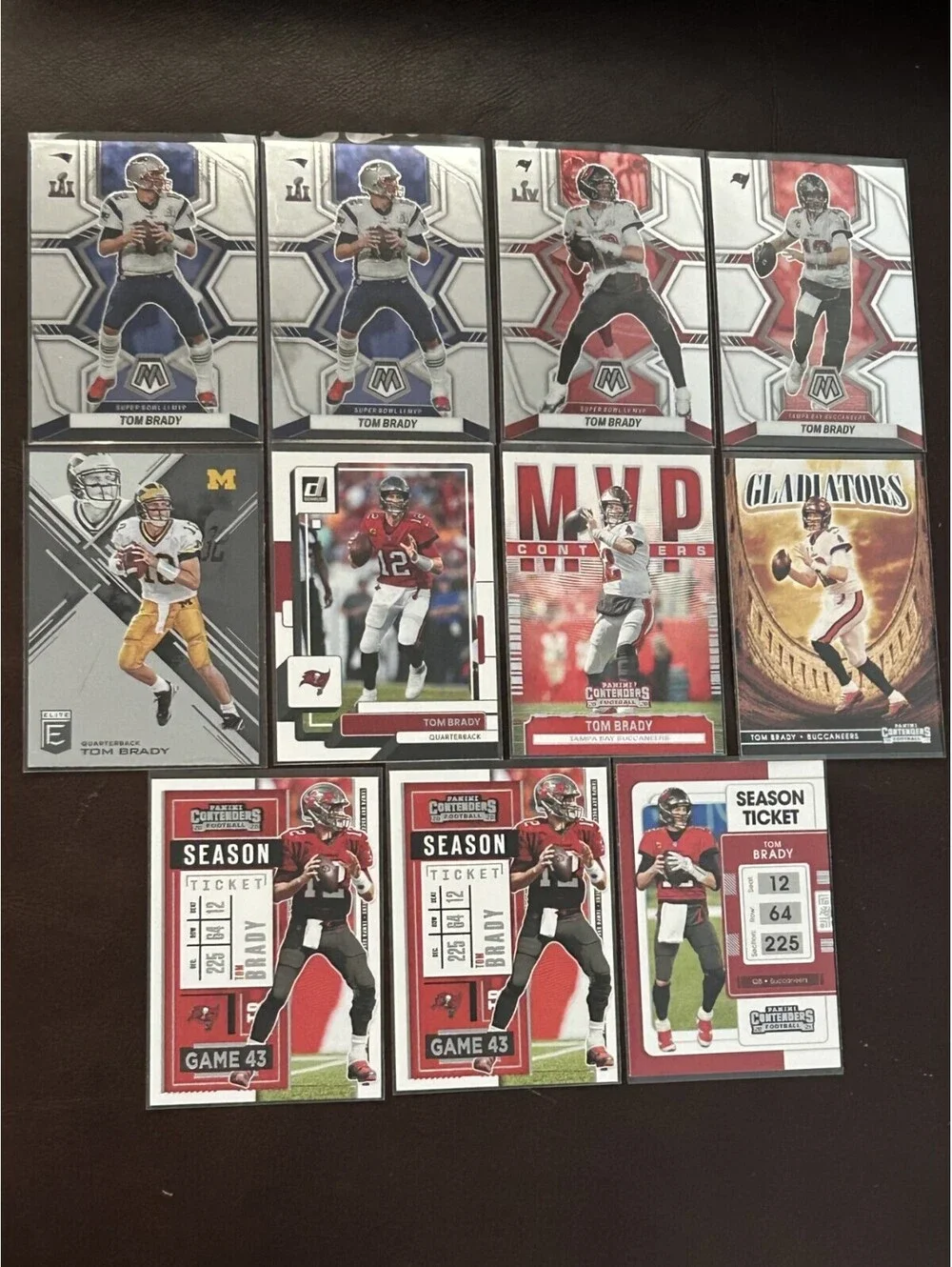 TOM BRADY PANINI COLLECTION MOSAIC ELITE DONRUSS &CONTENDERS LOT OF 11 NFL CARDS